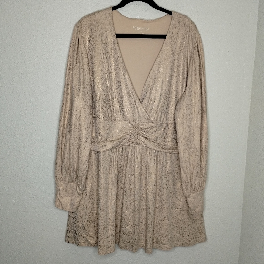Soft Surroundings Gold Metallic V Neck Stretch Tunic Top Women's Size 1X